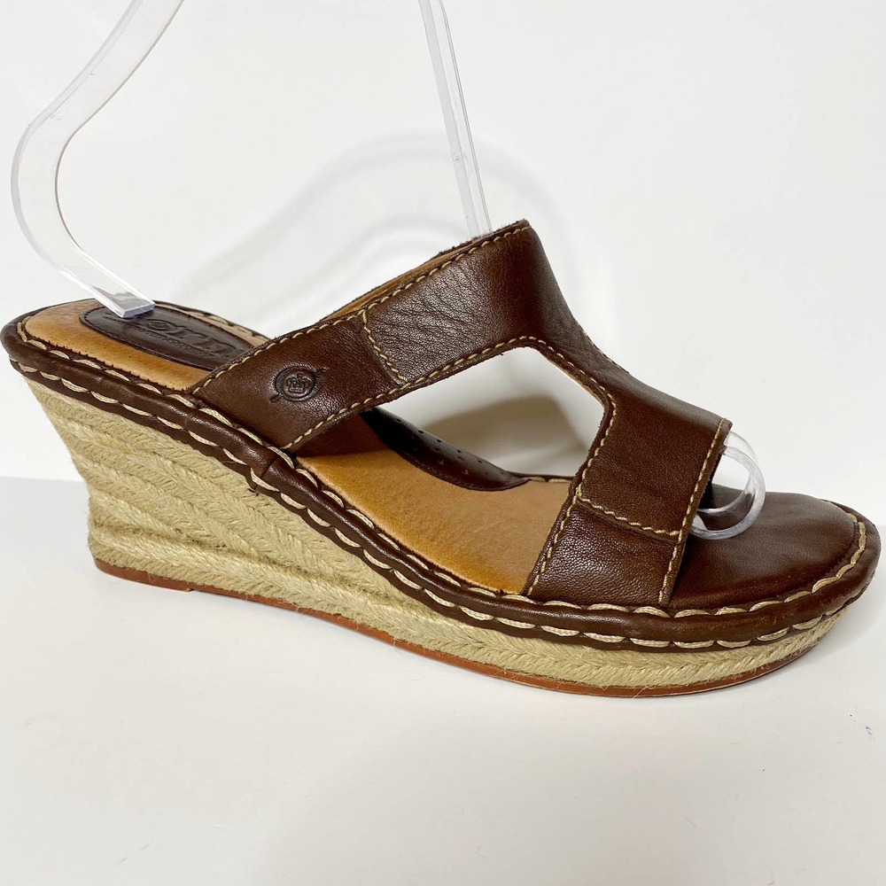 Born Heel Wedge Espadrille Leather Brown Open Toe Slide On Women's size 8